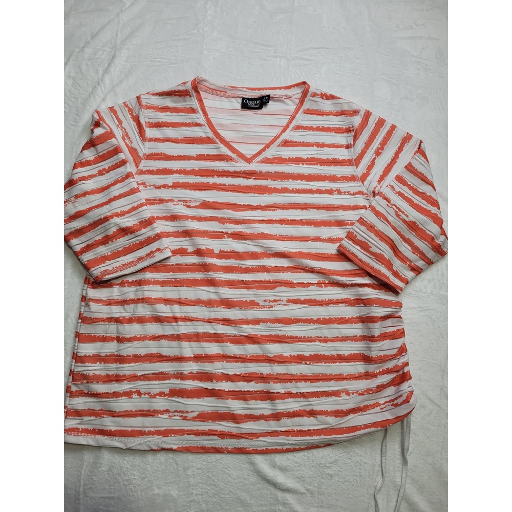 Onque Casual Top Women 1X Orange White Striped V-Neck Textured Cinch